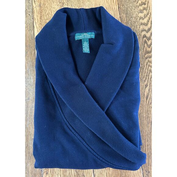 LRL Lauren Jean Co Faux Wrap Dress Navy Blue Heavy 100% Cotton Sz L Shawl Collar - Picture 9 of 10